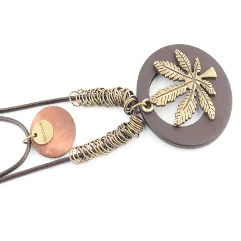Vintage Accessories Ethnic Double-layer Round Wooden Maple Leaves Pendant Long Necklace For Women Men Sweater Chain Jewelry