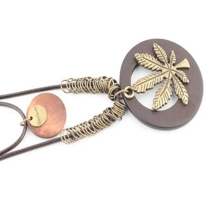 Vintage Accessories Ethnic Double-layer Round Wooden Maple Leaves Pendant Long Necklace For Women Men Sweater Chain Jewelry