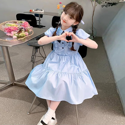 Girl's Dress Summer 2025 New Children's College Style Gown Teenager Turn-down Collar Clothes Kids Fashion Short Sleeve Desses