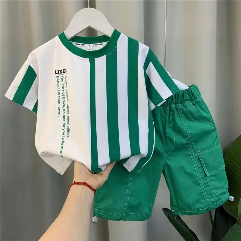 Summer Boy Clothing New Children's Clothes Set Boys Short Sleeve Striped T-Shirt+Shorts 2 Piece Set Kids 1-8T Sportswear Suit (Available)