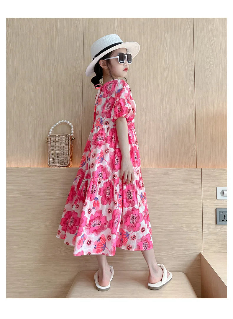 Girl's Large Flower Dress 2025 New Summer Children's Foreign-Style Loose Korean Version of the Older Girls Floral Lazy Skirt