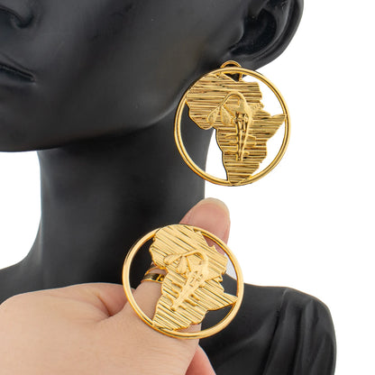 Trendy Round Jewelry Sets Statement Earrings for Women Gold Color Geometry Adjustable Ring Africa Senegal Map Jewellry Accessory