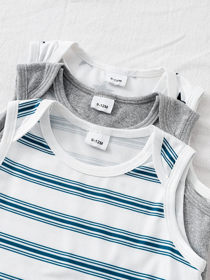 Baby Boy Summer Sleeveless Three-Piece Romper Set Infant Boys Outfit Collection Multi-piece Bodysuit Collection for Summer