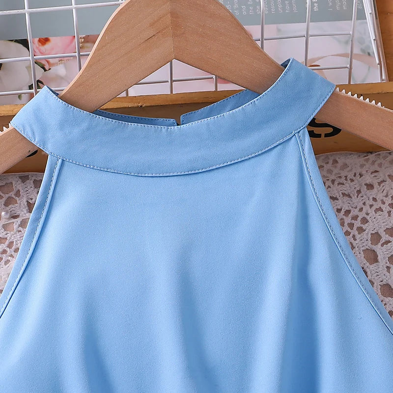 Kids Dress For Girls 8-12 Years Summer Girls Blue Printed Tulle Dress Elegant Fashion Temperamental Princess Dress For Kids