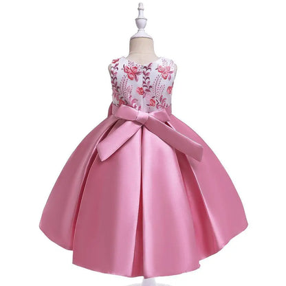 Party Prom Dress For Girls Flower Embroidery Princess Dresses Children Satin Bow Dovetail Dress For Kids Birthday Wedding Gown