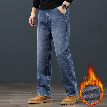Winter Fleece Warm Men's Jeans Classic Loose Straight Plush Denim Pants Thickened Fashion Stretch Casual Thermal Trousers 42 44 (Avaialble)