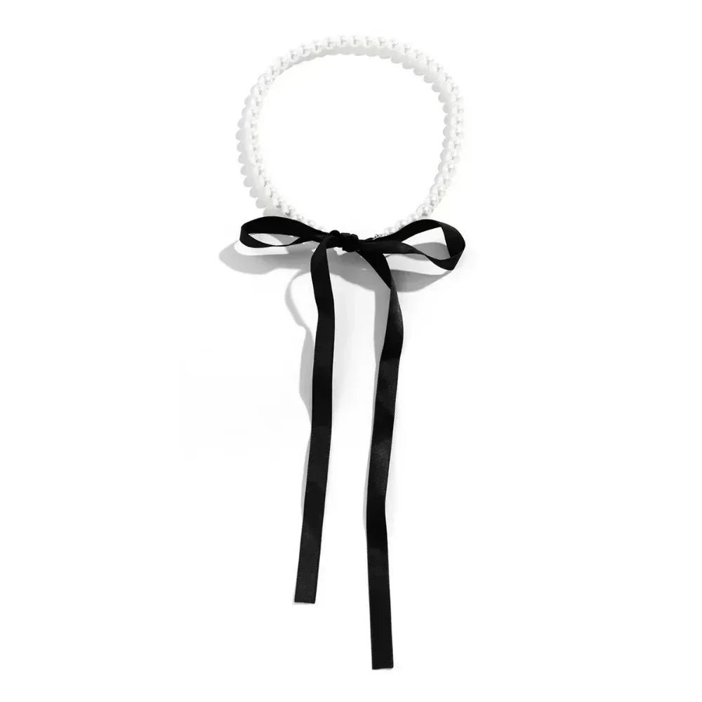 Sexy Trendy Pearl Beaded Bowknot Pendant Necklace for Women Charm Personality Black Lace Ties Collar Jewelry Accessories Gift