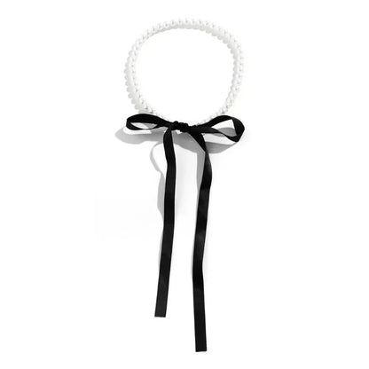 Sexy Trendy Pearl Beaded Bowknot Pendant Necklace for Women Charm Personality Black Lace Ties Collar Jewelry Accessories Gift