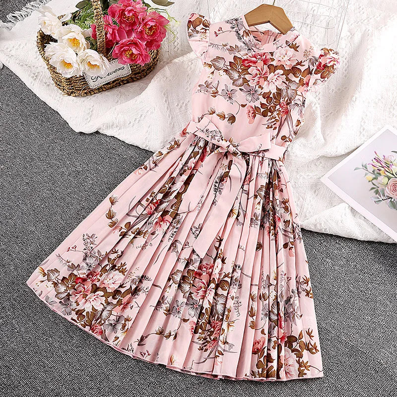 Girls Dress Summer 4-12 Years Flowers Sleeveless Fashion Elegant Little Princess Dress Birthday Dance Party Gifts Kids Clothes