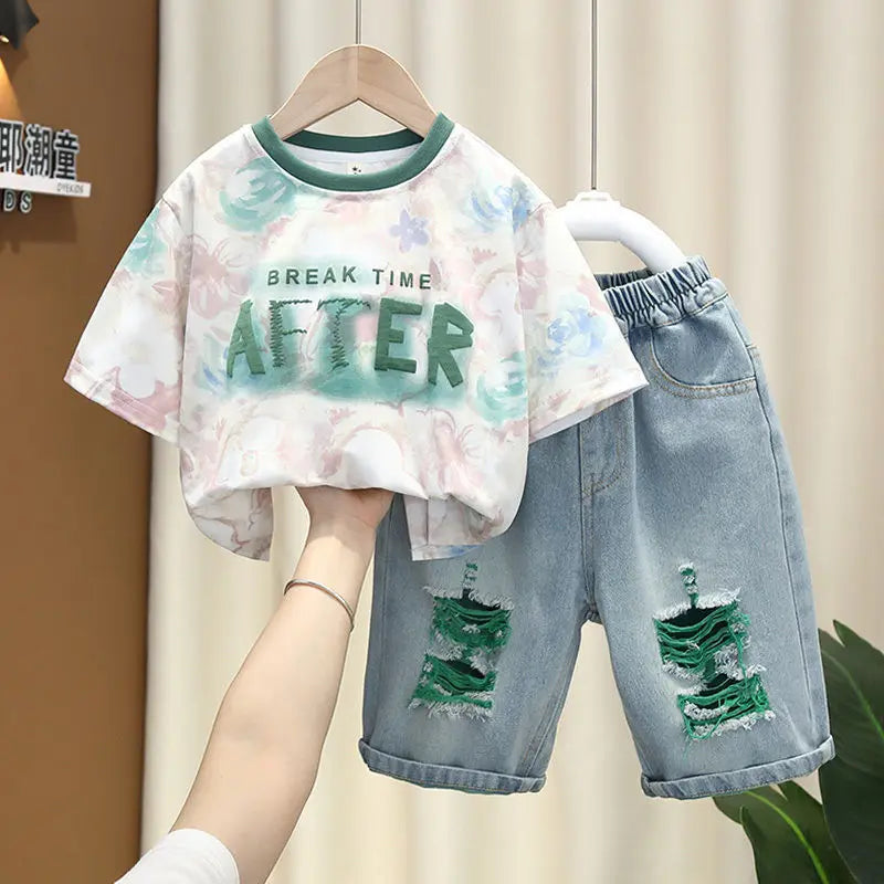 Summer Baby Boys Fashion High Quality Set Cotton Boy Short Sleeved Hole T-shirt + Denim Shorts Kids Loose Casual Clothes 2-11Y