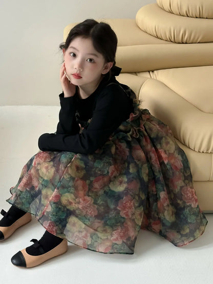 Girls Casual Dresses Autumn Girl Black T-shirt Camisole Flower Mesh Gauze Suit Princess Simple Printing Loose Beautiful 2024