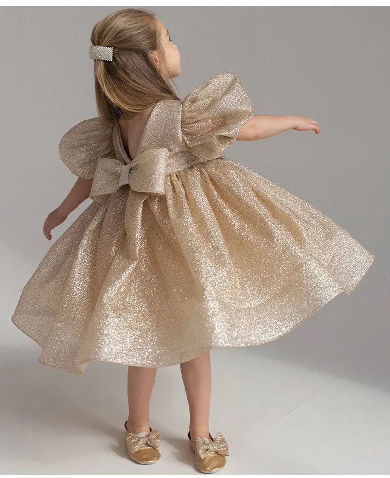 Elegant Puffy Luxury Girls Party Dresses Bowknot Evening Dress Flower Girl Princess Dress For Weddings Solid Bridesmaid Costume