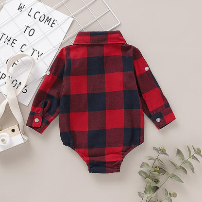 Newborn Baby Boy Bodysuit Plaid Print Long Sleeve Turn Down Collar Gentleman Shirt Jumpsuit Spring&Autumn Romper for 0-18Months