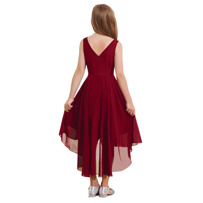 Summer Girls Festive Dress Hi-Lo Tulle Sleeveless Shiny Beaded Dress Flower Kids Wedding Pageant Clothing Evening Communion Gow