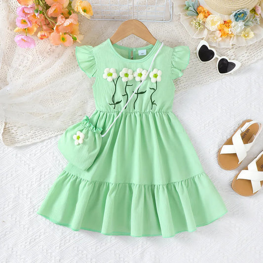 Summer Green Dress for Girls 1-6Years Sleeveless A-Line Children's Dresses with 3D Woolen Flower+Small Satchel Holiday Clothes