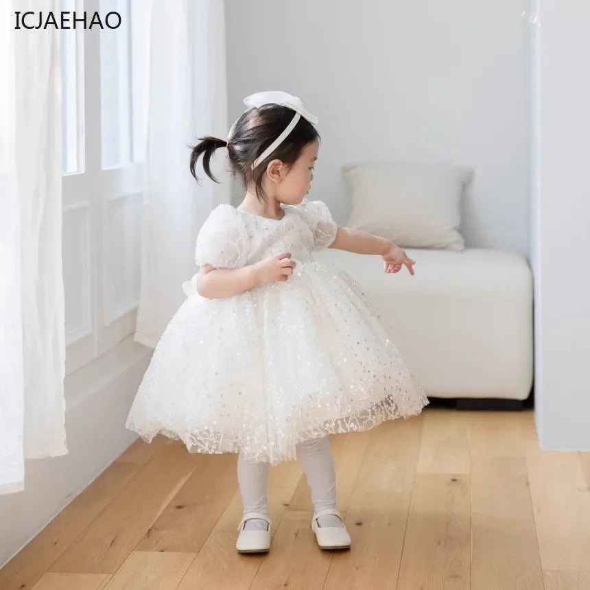 Girl's White Wedding Tutu Dress, Elegant Princess Dress for Flower Dresses Kids Vestidos Girl Birthday Party Princess Sequins