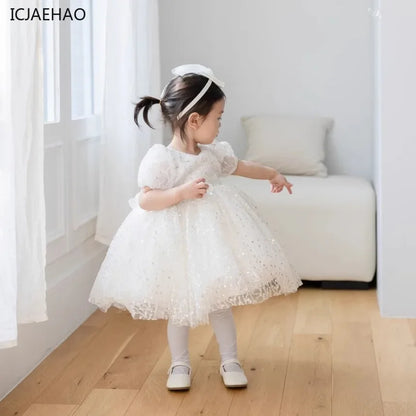 Girl's White Wedding Tutu Dress, Elegant Princess Dress for Flower Dresses Kids Vestidos Girl Birthday Party Princess Sequins