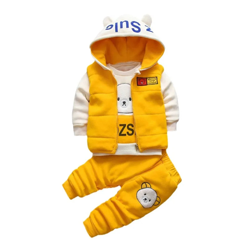 New Autumn Winter  Baby Girl Clothes Children Boys Thickened Hooded Vest T-Shirt Pants 3Pcs/Sets Toddler Costume Kids Tracksuits (Available)