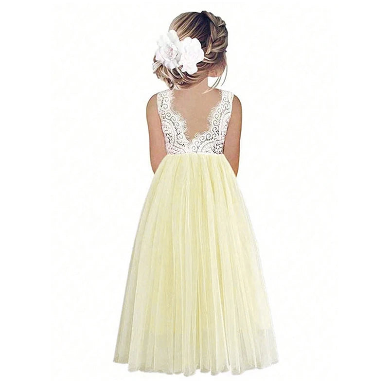 New Girls' Long-Sleeved Lace Gauze Dress Children's Evening Dress Wedding Flower Girl Sweet Lovely Versatile Dress