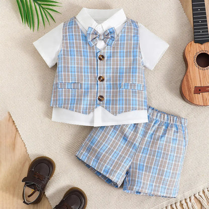 Summer 0-2 Years Old  Infant  Boys Lapel  Bow  Checkered Gentleman's Short  Sleeved  Casual  3 Pieces Suit