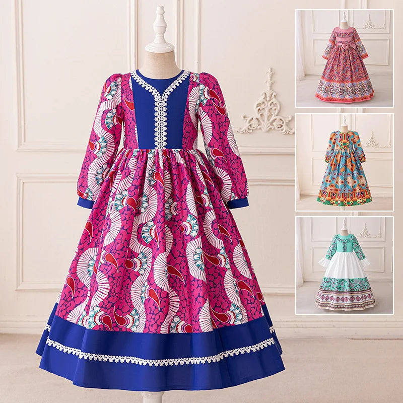 Girl Dress For Eid Arab Muslim Floral Print Long Sleeve Dress For Children Formal Pageant Party Festival Ceremonial Banquet Gown