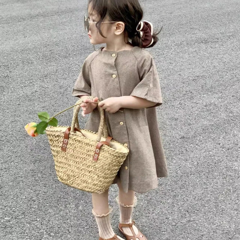 Girls' Summer Dresses New Children's Wear French Retro Short Sleeved Dress Small and Popular Checkered Lace Fashionable Dress