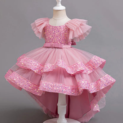 Girls Party Dresses Elegant Tulle Layered Children Long Evening Prom Gown Sequins Puffy Festive Dress for Girl