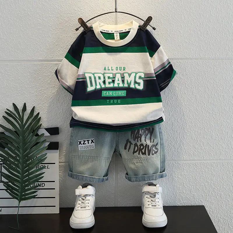 Summer Baby Boys Fashion High Quality Set Cotton Boy Short Sleeved Hole T-shirt + Denim Shorts Kids Loose Casual Clothes 2-11Y