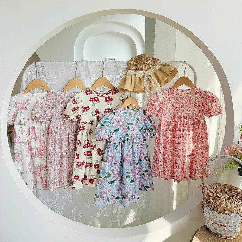 2025 Summer Kids Girls Dresses Short Sleeve A Line Girls Dresses Floral Print Pleated Dress For Girl