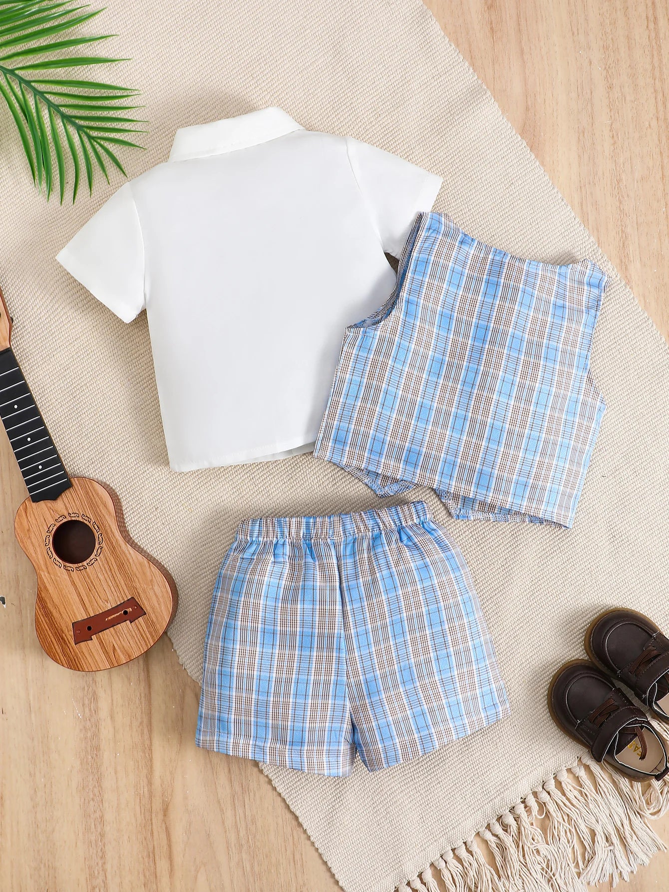 Summer 0-2 Years Old  Infant  Boys Lapel  Bow  Checkered Gentleman's Short  Sleeved  Casual  3 Pieces Suit