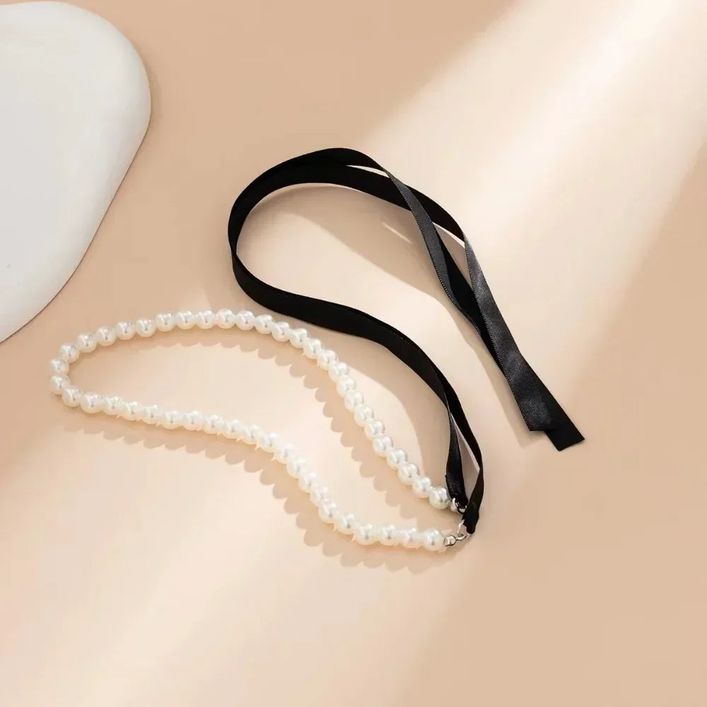 Sexy Trendy Pearl Beaded Bowknot Pendant Necklace for Women Charm Personality Black Lace Ties Collar Jewelry Accessories Gift