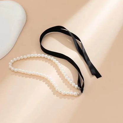 Sexy Trendy Pearl Beaded Bowknot Pendant Necklace for Women Charm Personality Black Lace Ties Collar Jewelry Accessories Gift