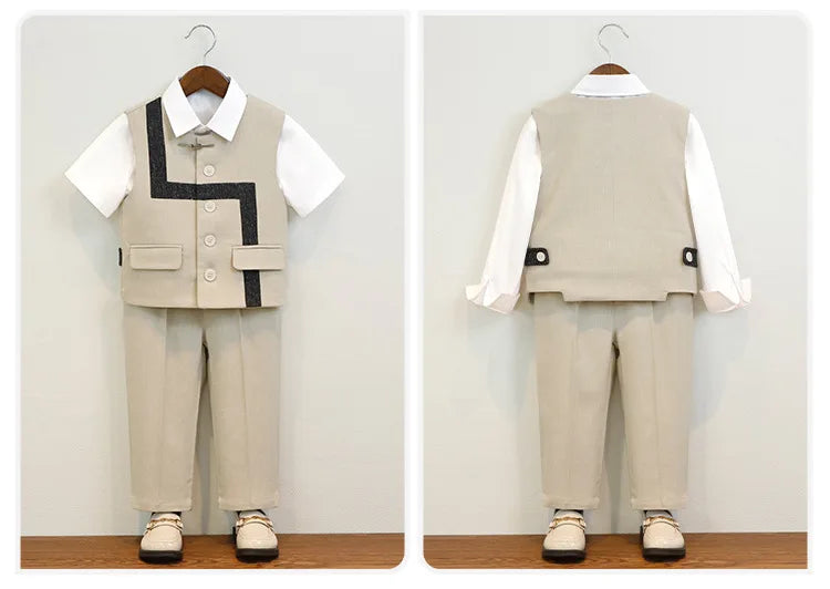 Summer Children Boys Suit Set Stylish Flower 1-10Y Boys Formal Wedding Suit Outfit Spliced Kids Baby Boys Vest Shirt Shorts Suit