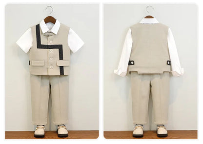 Summer Children Boys Suit Set Stylish Flower 1-10Y Boys Formal Wedding Suit Outfit Spliced Kids Baby Boys Vest Shirt Shorts Suit