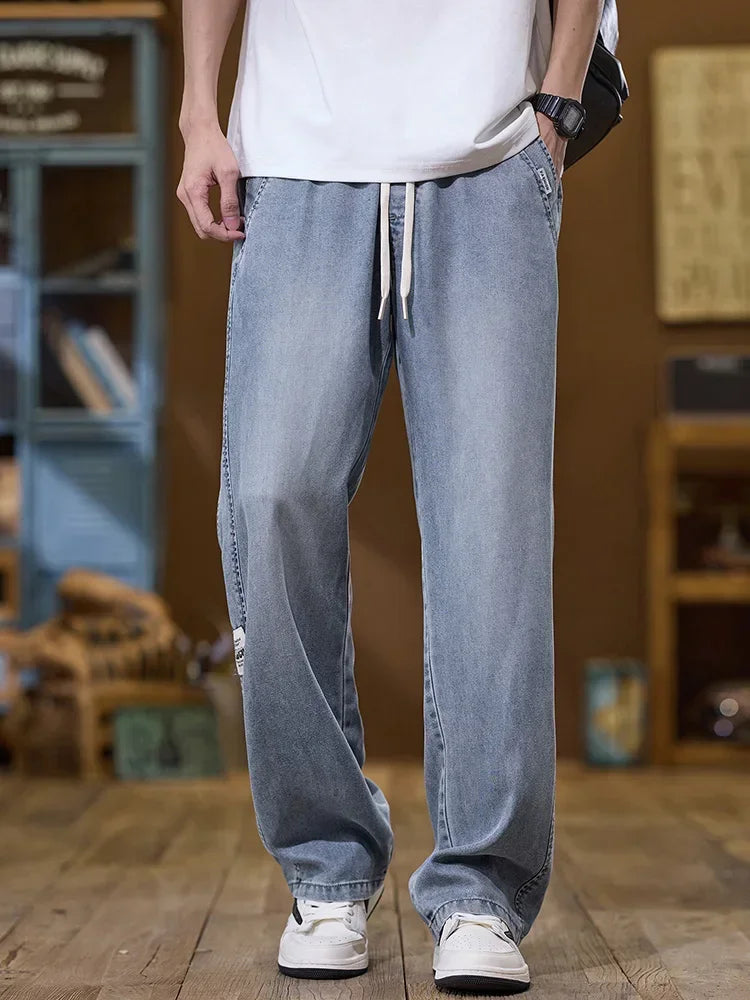 Soft Lyocell Thin Drawstring Jeans Men's Korean Cozy Casual Fashion Straight Trousers Male Streetwear Loose Denim Pants