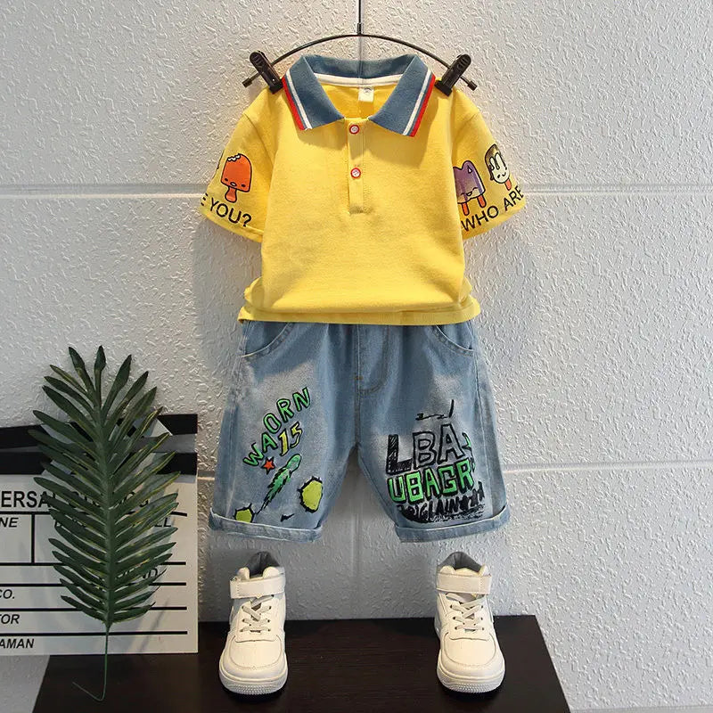 Boys 2025 Summer Outfit T-Shirt and Jeans Korean Polo Fashion 2PCS Casual Clothing Korean Reviews Top Toddler Kids Clothes Sets (Available)