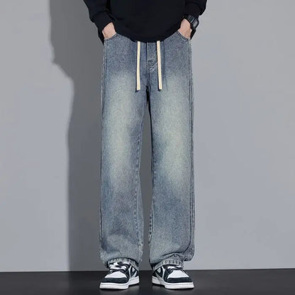 Elastic Loose Straight Jeans Men's Wide Legged Denim Pants Casual Trousers Korean Style Sportswear Clothing Jeans Men Pants