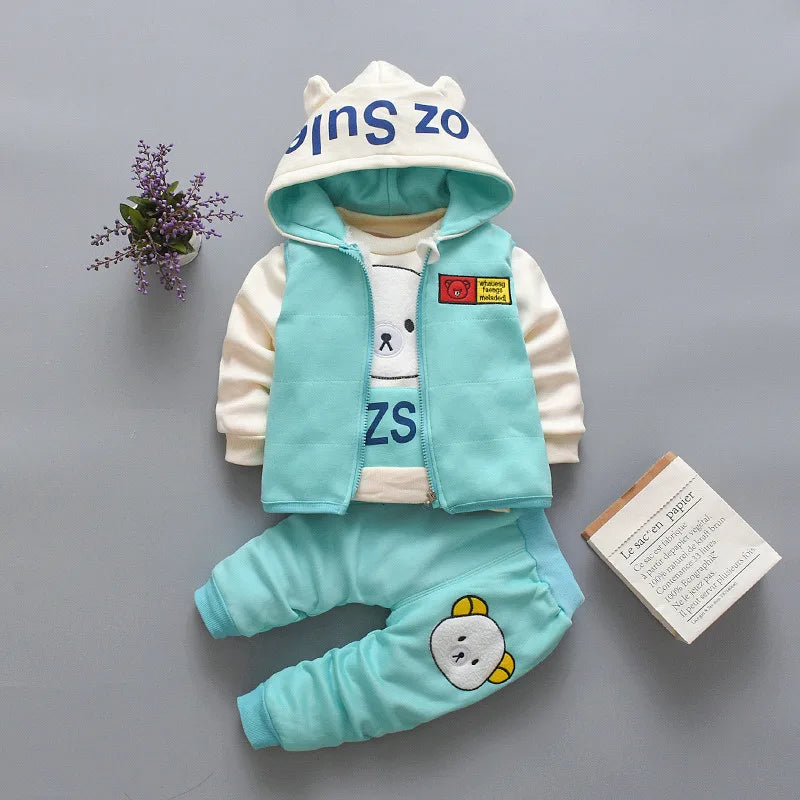 New Autumn Winter  Baby Girl Clothes Children Boys Thickened Hooded Vest T-Shirt Pants 3Pcs/Sets Toddler Costume Kids Tracksuits (Available)