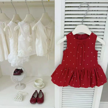 Girls Summer Dresses 2025 New Fashionable Casual Daily Sleeveless Floral Print Lightweight Red Bud Dress with Hair Band
