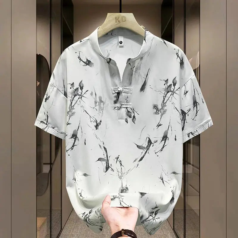 New Chinese Short-sleeved Men Trendy Versatile T-shirt in Summer Retro Stand Collar Thin Fashion Pullover (Available)