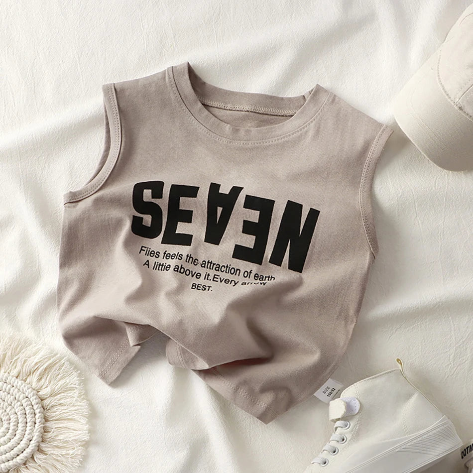 Summer Boys Letter Print Tops Girls Wide Shoulder Vest Children's O-neck T-shirt 2025 Baby Kids Korean Solid Sleeveless Tank Top