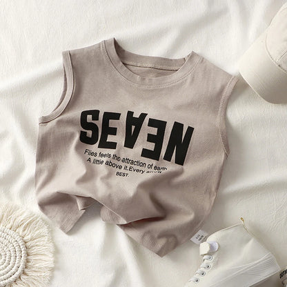 Summer Boys Letter Print Tops Girls Wide Shoulder Vest Children's O-neck T-shirt 2025 Baby Kids Korean Solid Sleeveless Tank Top