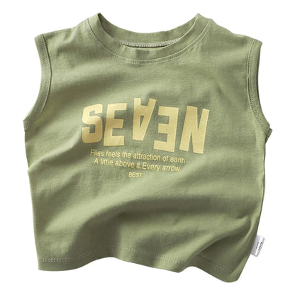 Summer Boys Letter Print Tops Girls Wide Shoulder Vest Children's O-neck T-shirt 2025 Baby Kids Korean Solid Sleeveless Tank Top