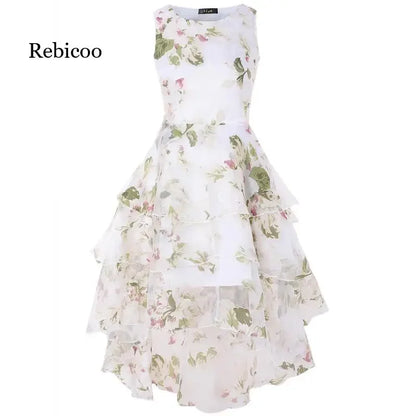 Summer High Low Retro Dress Vintage Women Sleeveless Front Back Short Long Organza Lace Dress Ladies Elegant Party Dress  (Available)