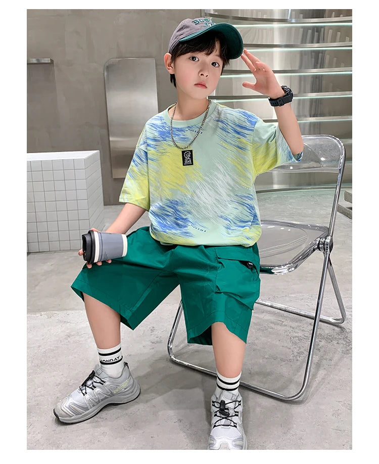 Summer  Boys Shorts Short Sleeve Shorts Handsome High Quality Leisure Sports Simple Two-piece Set.4-16year