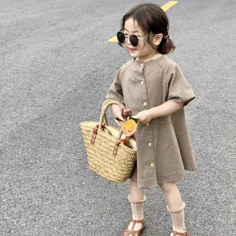 Girls' Summer Dresses New Children's Wear French Retro Short Sleeved Dress Small and Popular Checkered Lace Fashionable Dress