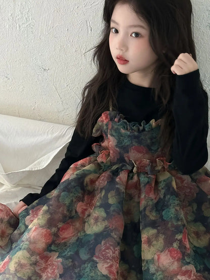 Girls Casual Dresses Autumn Girl Black T-shirt Camisole Flower Mesh Gauze Suit Princess Simple Printing Loose Beautiful 2024