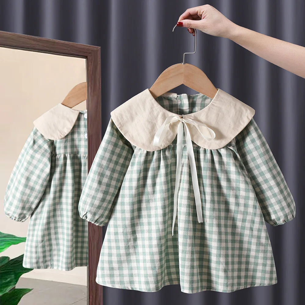 Girl's Sweet  Princess Dress Children Spring Autumn Baby Infants Bow Plaided Patchwork Party Dresses Vestidos Kids
