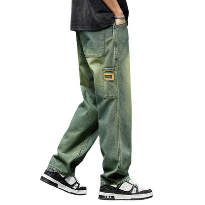 College Boys Loose Casual Pants Retro Blue Street Fashion Splicing Jeans Hiking Wide Leg Baggy Jeans Brand Men's Clothing