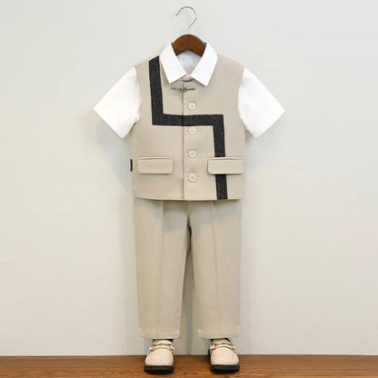 Summer Children Boys Suit Set Stylish Flower 1-10Y Boys Formal Wedding Suit Outfit Spliced Kids Baby Boys Vest Shirt Shorts Suit
